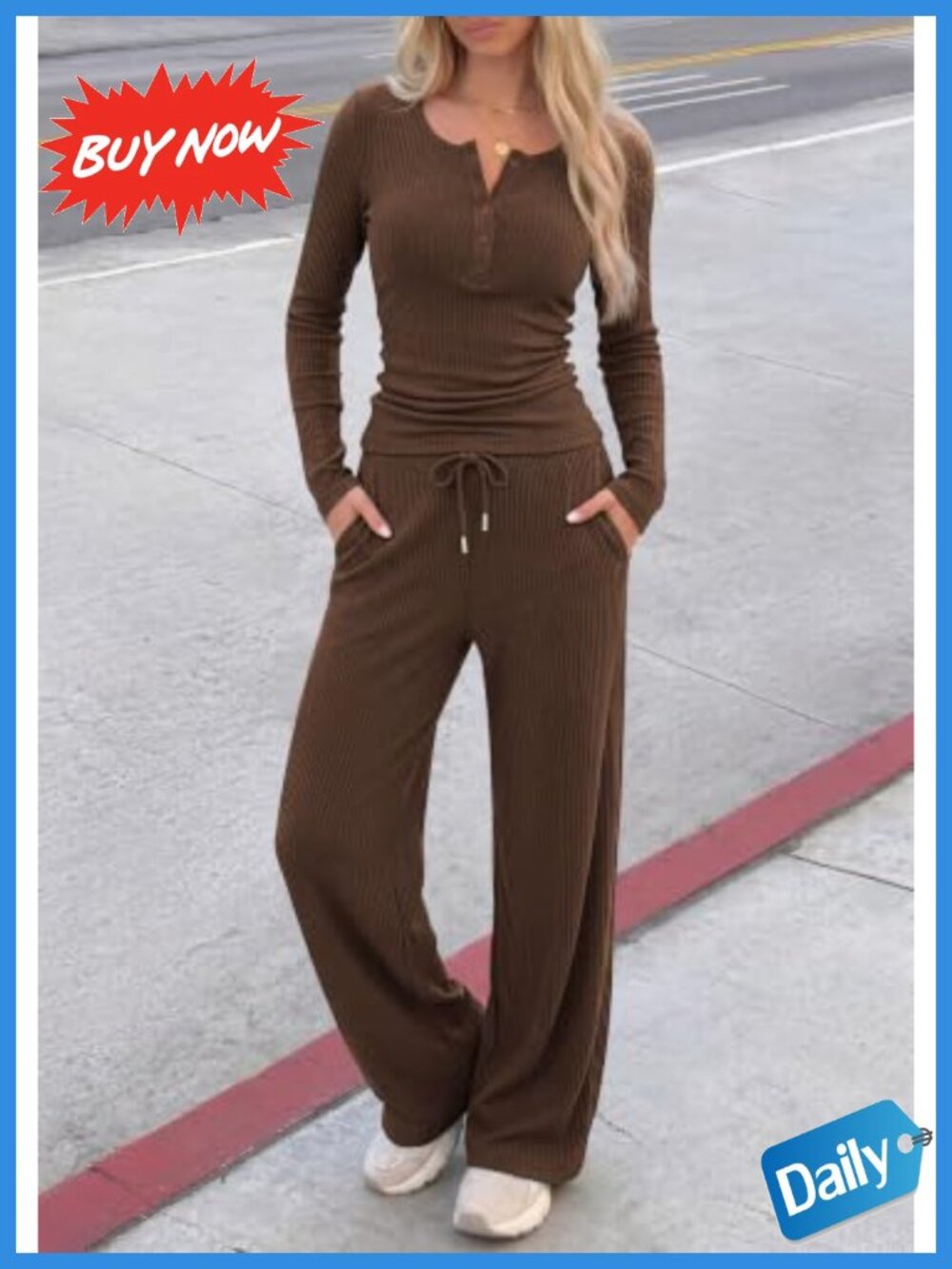 Ribbed Knit 2 Piece Lounge Set Long Sleeve Henley & Wide Leg Pants - Picture 5 of 6